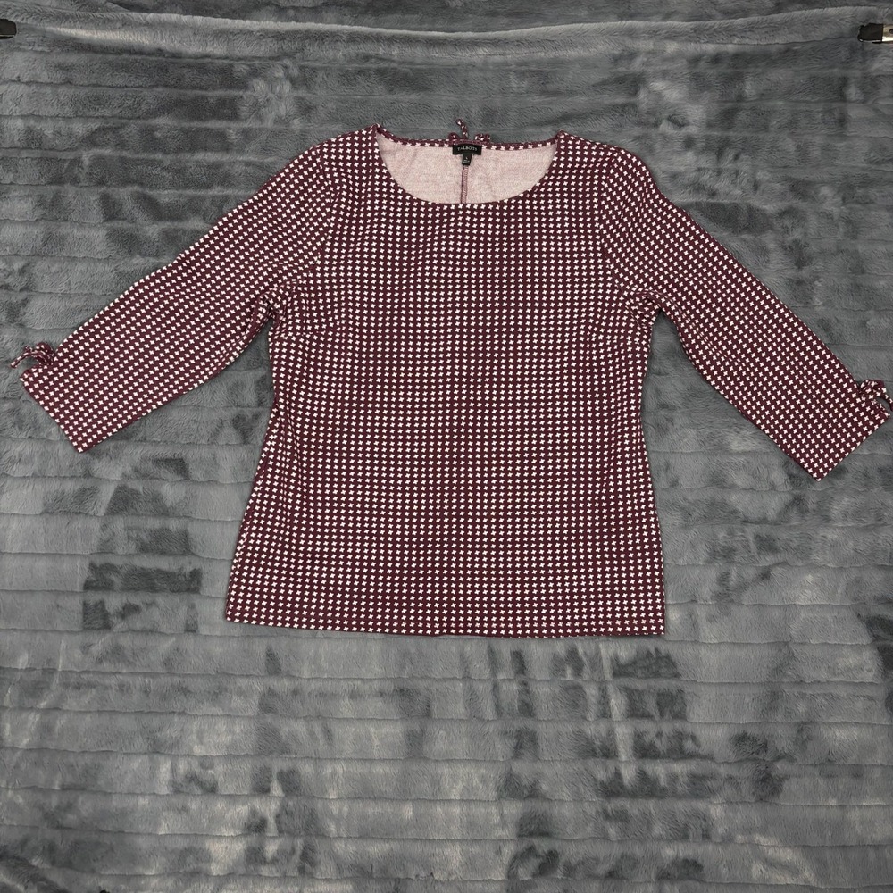 Talbots Womens Burgundy White Geometric Houndstooth Tie Cuff Knit Top Large